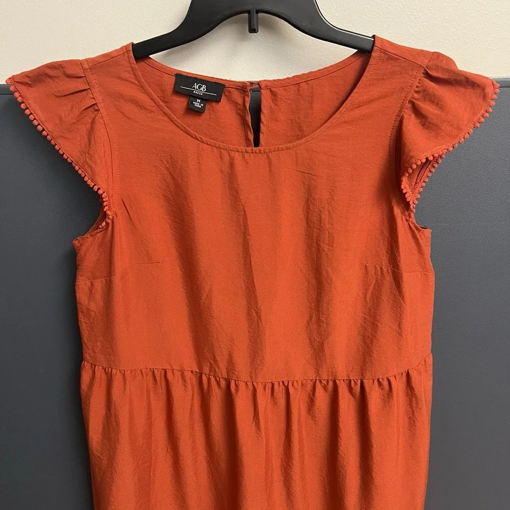 AGB Dress Sz M Burnt-Orange Ruffled Cap‎ Slvs V-Neck CottageCore Women's Medium